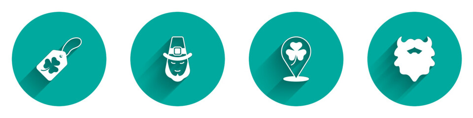 Set Clover trefoil leaf with tag, Leprechaun, and Mustache and beard icon with long shadow. Vector