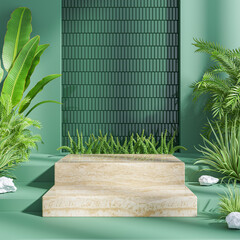  Wood podium  with naturel background for product display .3d rendering