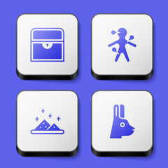 Set Antique treasure chest, Voodoo doll, Magic powder and Rabbit with ears icon. White square button. Vector