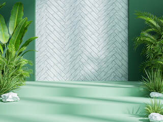 Green colorwith marble wall and plant background for product display .3d rendering