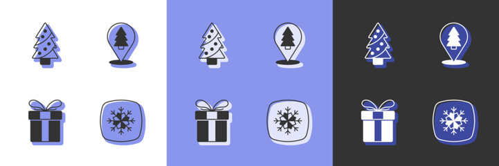 Set Snowflake, Christmas tree, Gift box and icon. Vector