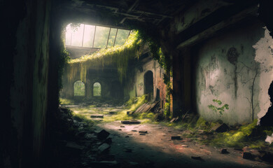 Fototapeta na wymiar Interior of a collapsed building overgrown with greenery, Generative AI