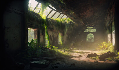Interior of a collapsed building overgrown with greenery, Generative AI
