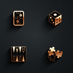 Set Air hockey table, Game dice, Backgammon board and Puzzle pieces toy icon with long shadow. Vector
