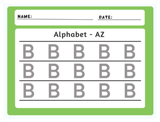 Alphabet tracing worksheet. A-Z writing pages. Letter B uppercase tracing. Handwriting exercise for kids. Printable worksheet.