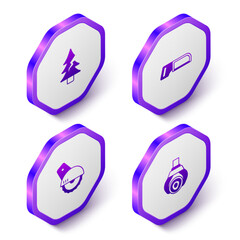 Set Isometric Tree, Hacksaw, Electric circular and Grapple crane grabbed log icon. Purple hexagon button. Vector