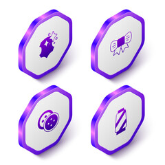 Set Isometric Leather, Gift bow, Sewing button for clothes and thread spool icon. Purple hexagon button. Vector
