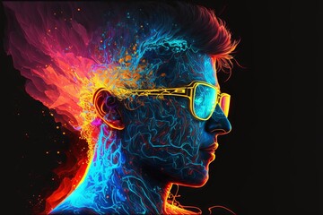 Colourful Abstract Neon Portait of Male Model with Mind Blowing Fire Flames coming out of Head. The Spiritual Awakening Creating the Universe Magic Concept Design - AI generative illustration 