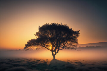 Obraz na płótnie Canvas Beautiful dawn with a tree in a meadow and mist. Generative AI