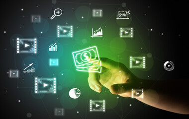 Businessman finger touching on screen multimedia interface with hand drawn currency icons