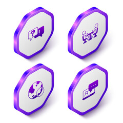 Set Isometric Question and Answer, Meeting, Video chat conference and icon. Purple hexagon button. Vector