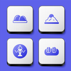 Set Sushi, Rice in a bowl, Served fish on plate and icon. White square button. Vector
