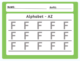 Alphabet tracing worksheet. A-Z writing pages. Letter F uppercase tracing. Handwriting exercise for kids. Printable worksheet.