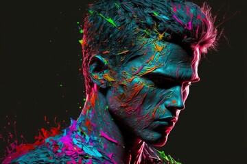 Abstract Portrait of Male Supermodel. Photo of Futuristic Cover for Vogue Magazine - World Famous Model with Colourful Paint Splash Makeup - Ai generative illustration 