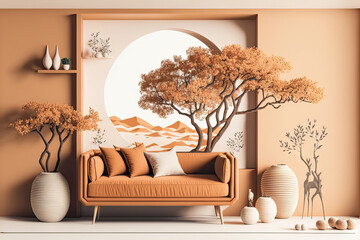 Orange colored copy space in a japanese style living room. Olive trees in pots, fabric sofa with pillows design of a farmhouse interior. Generative AI