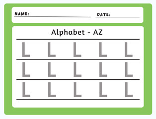 Alphabet tracing worksheet. A-Z writing pages. Letter L uppercase tracing. Handwriting exercise for kids. Printable worksheet.