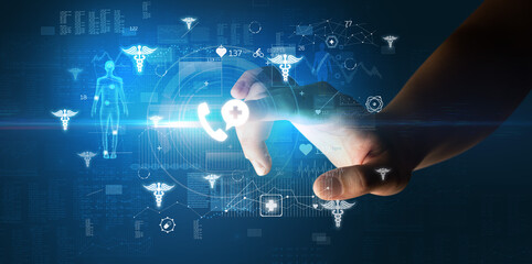 Doctor hand pressing futuristic health device with medical symbol on screen