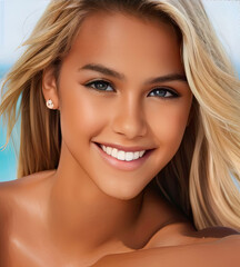 Fototapeta premium New Faces Beautiful Female Portrait Pictures Gray Eyes Long Blond Hair Surfer Girl, created with Generative AI technology