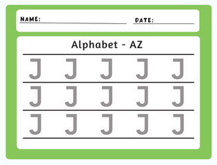 Alphabet tracing worksheet. A-Z writing pages. Letter J uppercase tracing. Handwriting exercise for kids. Printable worksheet.