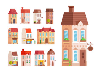 Beautiful color houses bundle isolated on white background. Shape of old city houses flat design bundle.