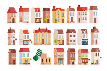 Beautiful color houses bundle isolated on white background. Shape of old city houses flat design bundle.