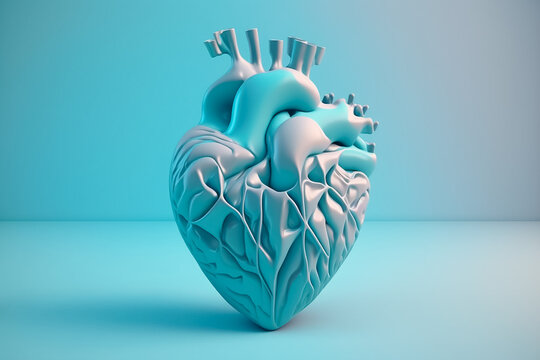 Front view of realistic blue anatomical human heart 3d render. Generative AI