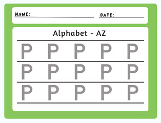 Alphabet tracing worksheet. A-Z writing pages. Letter P uppercase tracing. Handwriting exercise for kids. Printable worksheet.