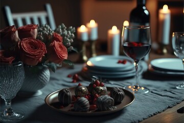 Obraz na płótnie Canvas Valentine Dinner on Table in a Candle Genarative AI