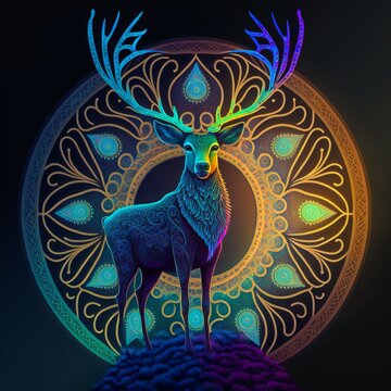Abstract Illustration of Deer with beautiful Mandala Background - Holy Spirit Animal with the Mexican Indigenous Tribes in  the Tradition of eating the cactus Peyote - Ai generated artwork