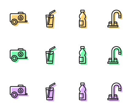 Set line Bottle of water, Mobile tank, Glass with and Water tap icon. Vector