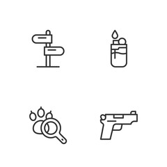 Set line Pistol or gun, Paw search, Road traffic sign and Lighter icon. Vector