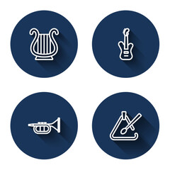 Set line Ancient Greek lyre, Electric bass guitar, Trumpet and Triangle musical instrument with long shadow. Blue circle button. Vector