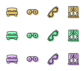 Set line Eye sleep mask, Big bed, Contact lens container and Window with curtains icon. Vector