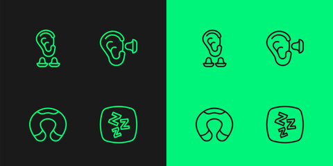 Set line Sleepy, Travel neck pillow, Earplugs and ear and icon. Vector