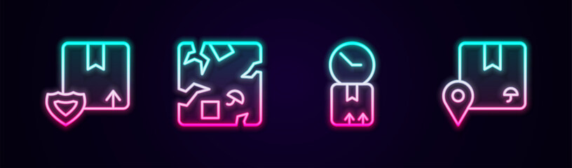 Set line Delivery security with shield, Broken cardboard box, Cardboard clock and Location. Glowing neon icon. Vector