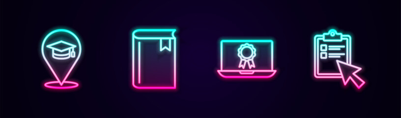 Set line Online education, Book, with diploma and quiz, test, survey. Glowing neon icon. Vector