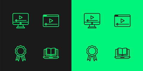 Set line Online class, education with diploma, play video and icon. Vector