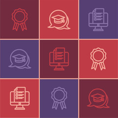 Set line Online education with diploma, quiz, test, survey and Graduation cap speech bubble icon. Vector