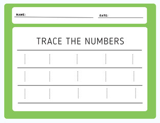 Writing practice number one printable worksheet for kids to improve basic writing skills. Trace line numbers for kindergarten and preschool kids