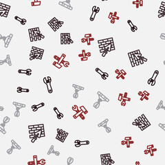 Set line Adjustable wrench, Brick wall with trowel, Crane hook and Hammer and spanner on seamless pattern. Vector