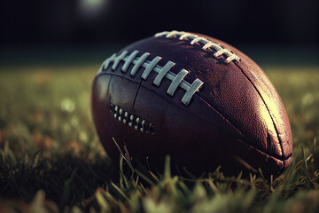 Close-Up of American Football Ball on the Field: Perfect Shot for Sports Fans. Generative AI.