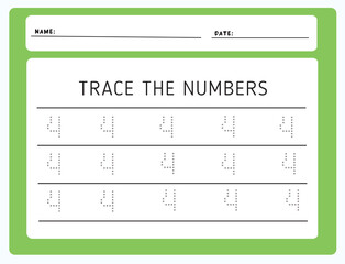 Writing practice number four printable worksheet for kids to improve basic writing skills. Trace line numbers for kindergarten and preschool kids
