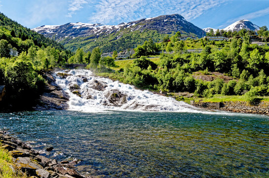 Landscape with Hellesyltfossen waterfall - Geiranger, Norway