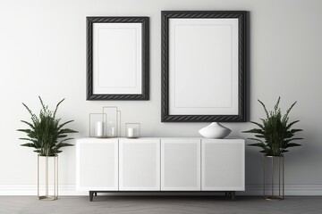 Frame mockup in modern white room interior background, 3D render