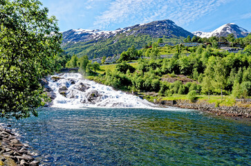 Landscape with Hellesyltfossen waterfall - Geiranger, Norway