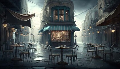  a street scene with tables and chairs and a storefront on a rainy day with a dark sky and street lights in the background,.  generative ai