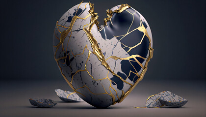 heart marbled helium kintsugi heart, floral head growth from a shell - Generative AI