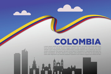 Obraz premium colombia clean and minimal background with ribbon flag and famous landmarks banner poster for social media