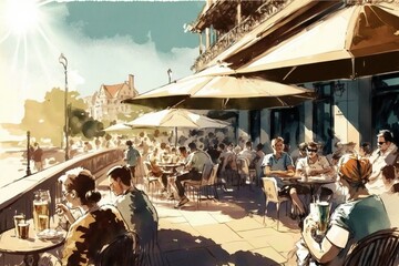  a group of people sitting at tables outside of a restaurant with umbrellas and tables with chairs around them and people sitting at tables outside.  generative ai