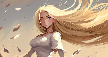 a brave medieval inspired anime girl with long blonde hair, wind is blowing through her hair, generative ai technology
